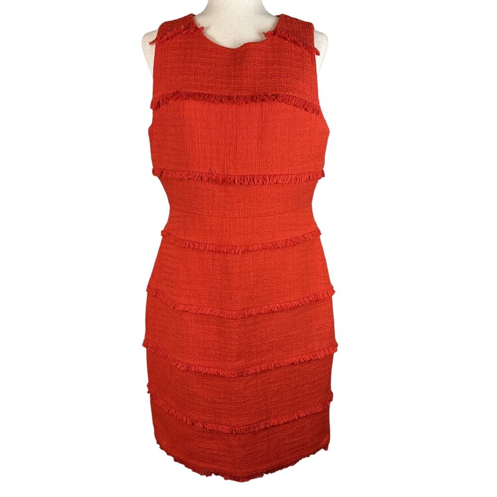 J Crew Womens Fringy Tweed Sleeveless Sheath Dress Size 12 Orange Red Cotton